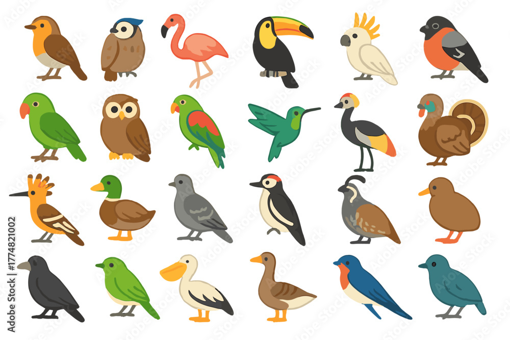 Naklejka premium Colorful illustrated bird icon set featuring tropical and wild species