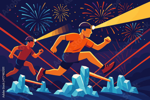 Night Race Adventure – Runners with Headlamps and Fireworks Display