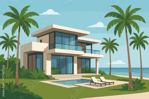 Modern beachfront villa with pool and palm trees
