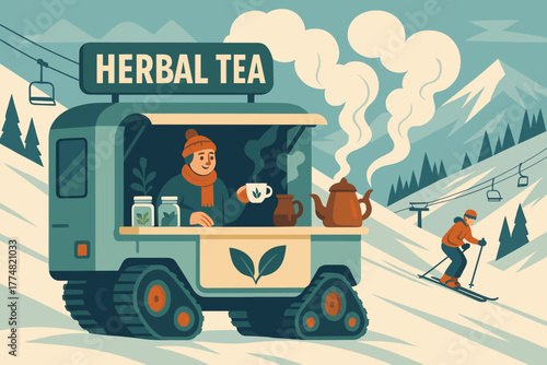 Herbal tea truck serving hot drinks on snowy ski slopes