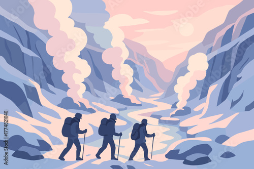 Adventurers hiking through pastel winter canyon with geothermal vents