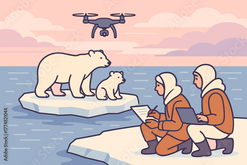 Scientists observing polar bears with drone in Arctic scene