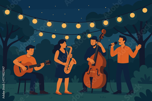 Jazz band performing outdoors at night under string lights