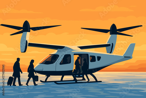 Passengers boarding tiltrotor aircraft at sunset by the sea