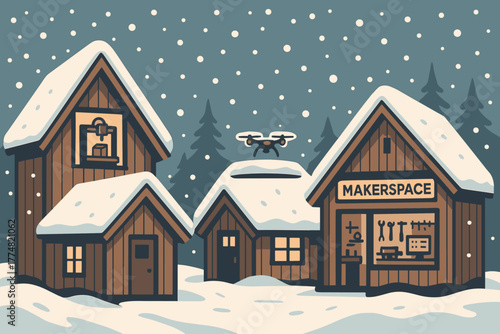 Snowy village makerspace with drone and 3D printing symbol