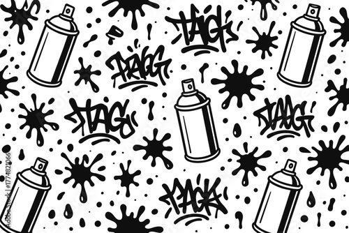 Black and white graffiti pattern with spray cans and tags
