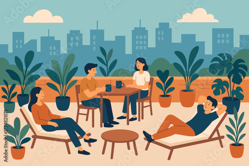 People relaxing and chatting on rooftop garden terrace