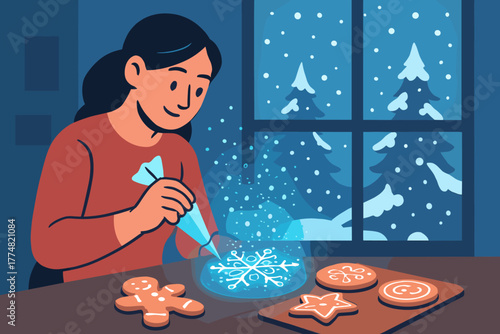Cozy winter cookie decorating with glowing snowflake icing