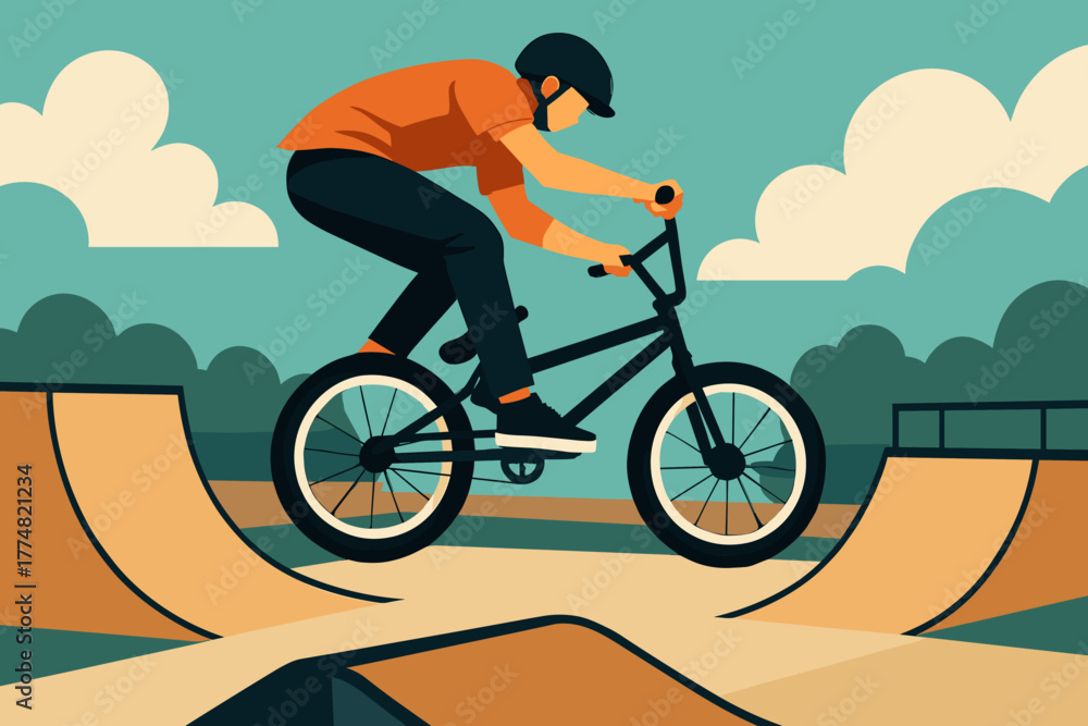 Fototapeta premium Boy on BMX bike jumping between ramps at skatepark
