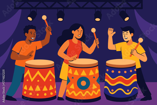 Joyful group playing colorful drums on stage under lights