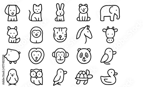Cute Hand-Drawn Animal Icon Set – Black and White Doodles