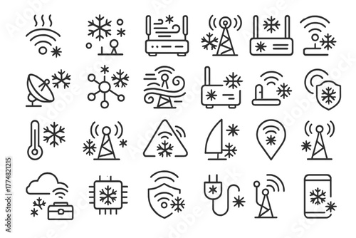 Collection of cold weather wireless and smart tech line icons
