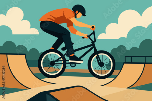 Boy on BMX bike jumping between ramps at skatepark