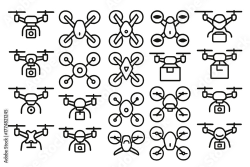 Drone technology icon pack with delivery and camera designs