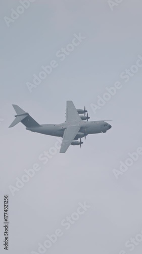 A400 M ATLAS military transport plane during flight with sharp turns