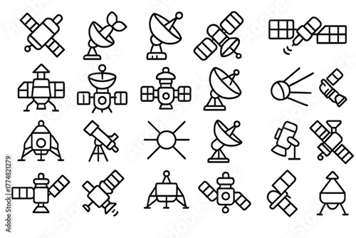Space exploration and satellite communication icon set
