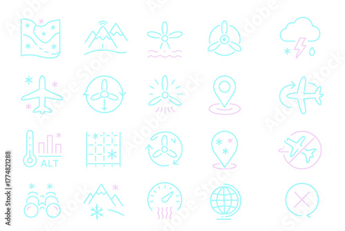 Neon vector icons set for aviation, navigation, and weather