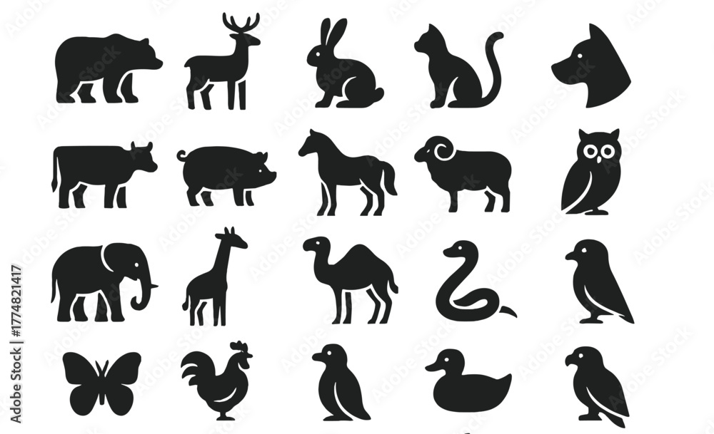 Obraz premium Silhouette icon set of animals including birds, mammals, and reptiles