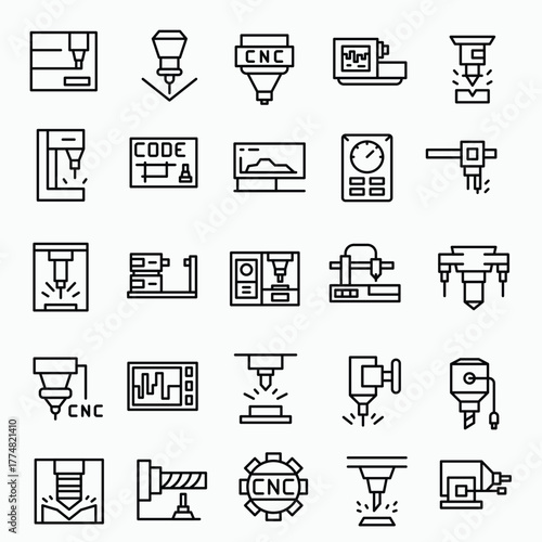 CNC machine icon set illustrating milling, cutting, and industrial automation.