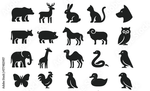 Silhouette icon set of animals including birds, mammals, and reptiles