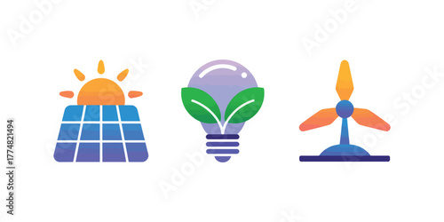 Set of vector Renewable energy icons solar panel, light bulb with leaves, and wind turbine