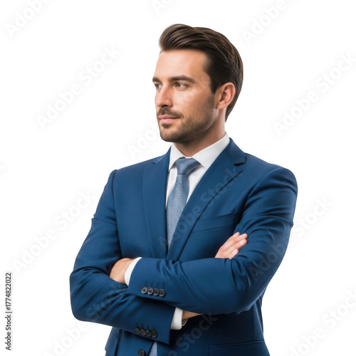 Professional businessman confidently posing with arms crossed looking to the side isolated on transparent background