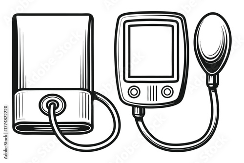 Black outline shows vintage sphygmomanometer with gauge and cuff in image