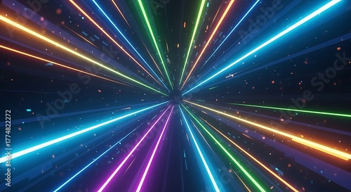 Abstract colorful light trails zoom into the center of the frame background generative ai