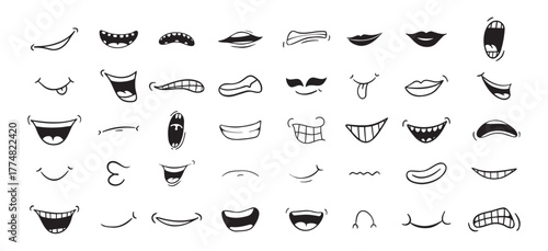 Cartoon mouth happy, smile, sad, angry expression doodle set. Hand drawn mouth, tongue caricature icon. Funny comic mouth collection 