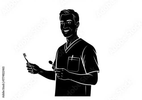 Smiling dentist holding toothbrush and dental mirror generative ai