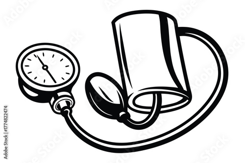 Blood pressure monitor device shows medical monitoring in black and white line artwork