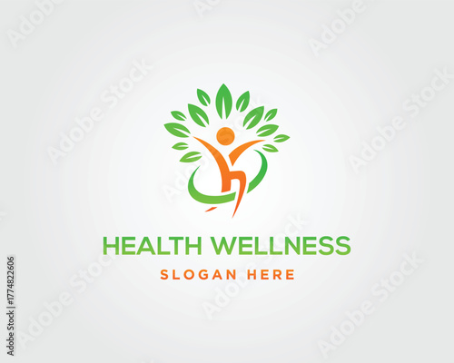 Orange and green abstract human figure with leaves and text vector template background body