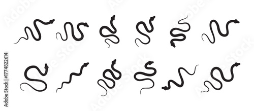 Black silhouette snake icon set. Isolated snake symbol on white background. Abstract snake sign