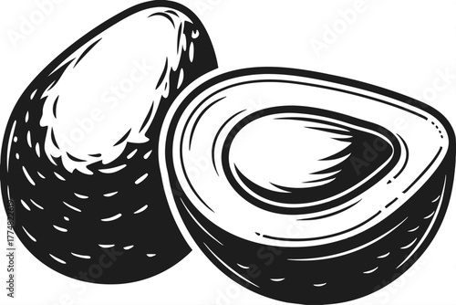 A whole avocado and a halved avocado are presented in this black and white design