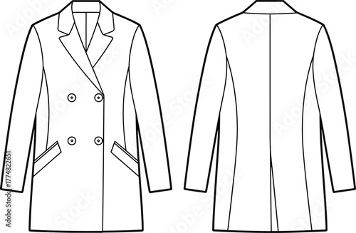 Double breasted coat flat sketch front and back view, long sleeve outerwear technical drawing, fashion apparel design template, clothing vector illustration