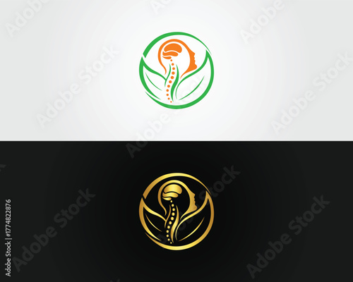 Orange and green human head brain spine and leaf logo on white and gold logo on vector template