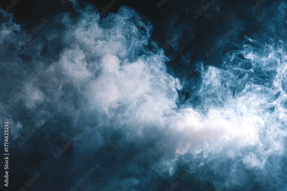 Obraz premium Dreamy smoke clouds floating on dark backdrop, featuring soft white and blue hues for a light, ethereal vibe. Varied forms create dynamic mystery and a cozy, enchanting atmosphere