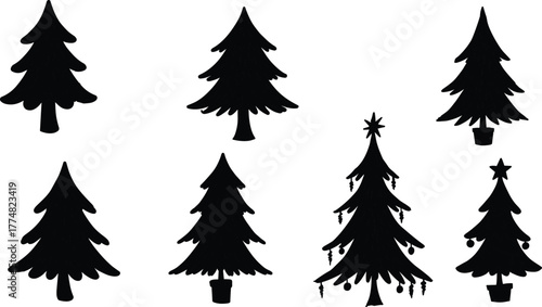 Christmas tree silhouettes, holiday decoration design, festive evergreen illustration, winter celebration art, seasonal background pattern, rustic holiday symbol, decorated pine collection