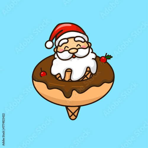 Cute Santa Claus Ice Cream Sitting in the Middle of a Melting Chocolate Donut with Cherry Vector Illustration