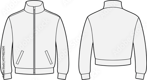 Fashion technical jacket flat sketch, zip up design, long sleeve apparel template, high collar sweatshirt outline, vector garment drawing