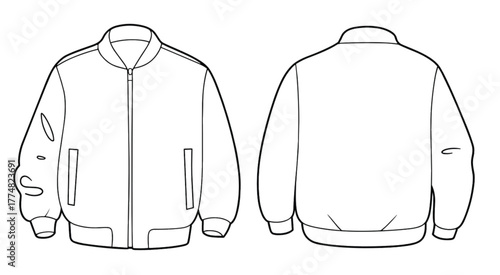 Front and back technical flat sketch of bomber jacket design, casual outerwear fashion template, unisex varsity style clothing illustration for designers