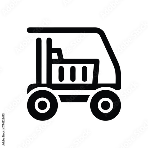 Black forklift icon showcases industrial equipment with robust design on a white background
