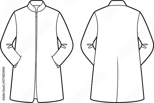 Front and back technical flat sketch of long coat design with zipper closure, minimalist outerwear fashion template for clothing designers