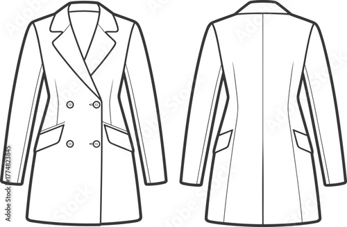 Front and back technical flat sketch of women’s double breasted blazer coat design, fashion illustration template for apparel designers and clothing manufacturers