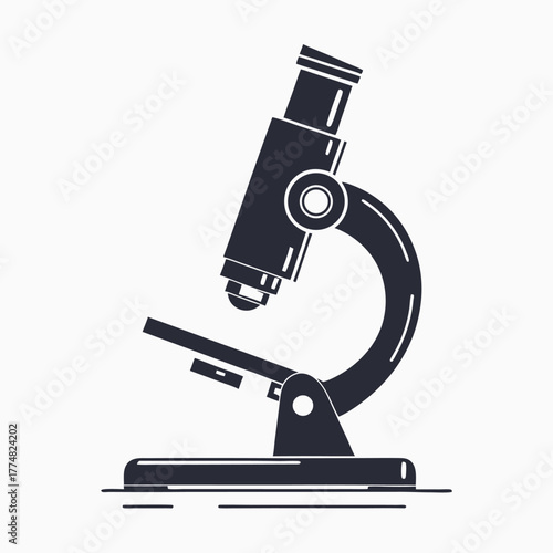 Dark microscope with simple clean lines stands firmly on a flat surface, showing science