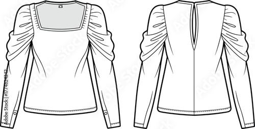 Women's puff sleeve blouse fashion flat sketch, square neck top design, technical drawing, apparel vector, garment template, fashion illustration