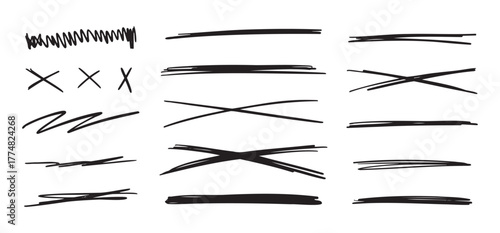 Scribble doodle underlines set. Underline and cross markers collection. Doodle lines isolated on white background.