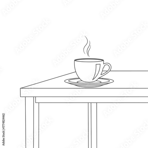 A simple line drawing silhouette of a steaming cup of coffee on a saucer resting on a table isolated on white background
