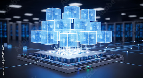 Virtual machines concept with cloud computing and server virtualization technology, VMs for data management, digital infrastructure and IT innovation
