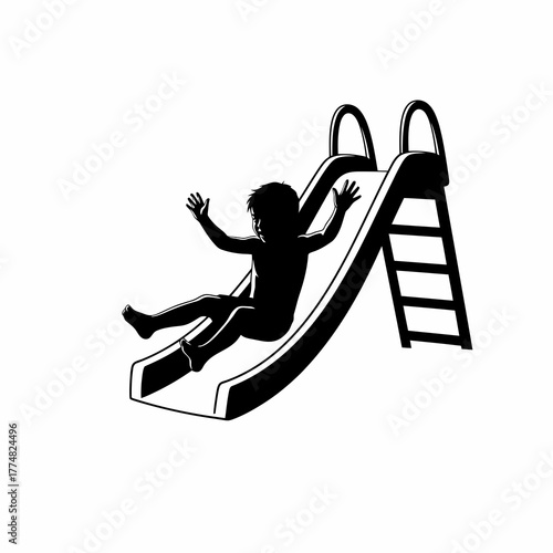 Joyful child silhouette sliding down a playground slide with arms outstretched isolated on white background silhouette